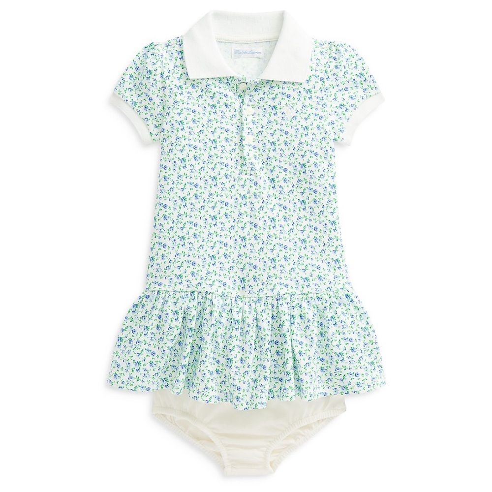 RALPH LAUREN Girls' Floral Stretch Mesh Polo Dress & Bloomers - Baby 18 mo GUC